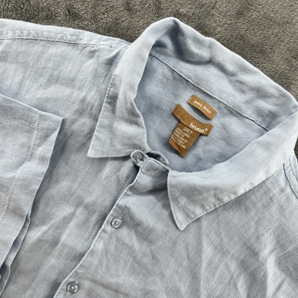Bruno Men 2XLT Casual Button-Up Pure Linen Shirt Blue Short Sleeve Pocket Casual